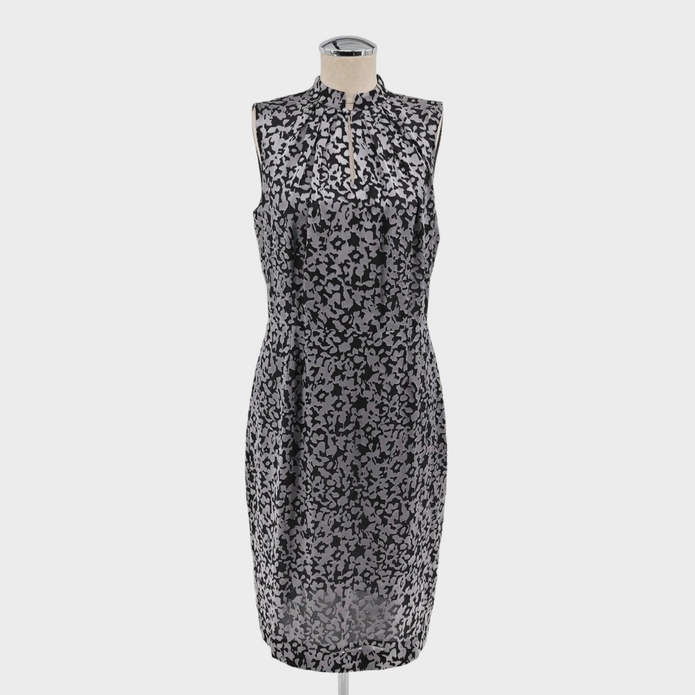 Brooks Brothers Floral Sheath Dress Sz 6 Black Gray Sleeveless Mock Neck Burnout